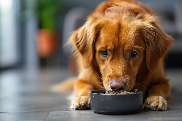 茶色の犬が鉢から食べ物を食べている