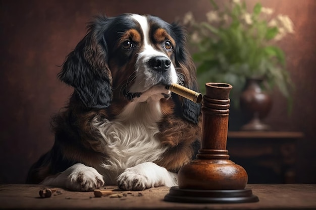 갈색 개는 귀엽고 파이프 담배를 피우고 실내에서 닫습니다 배경 자체적으로 애완 동물 관리 개념