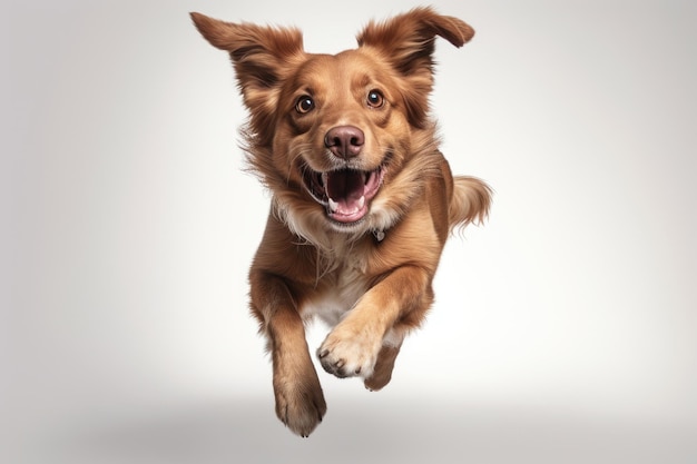 茶色の犬が空中にジャンプしている