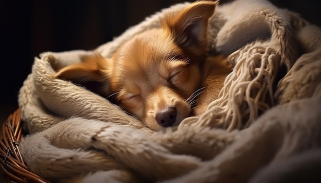 Photo a brown dog is sleeping in a basket with a blanket