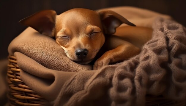 A brown dog is sleeping in a basket with a blanket