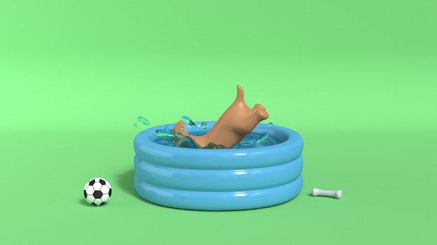 Brown dog jumping into pool green background 3d render