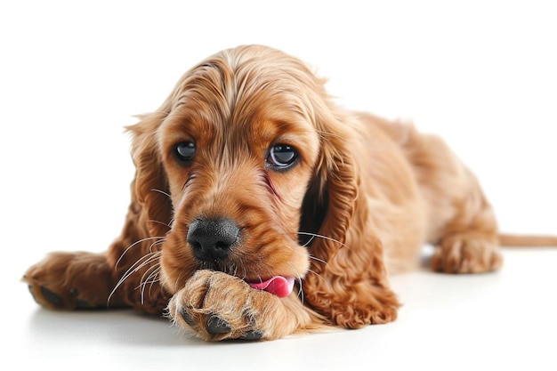 Photo a brown dog laying down on a white surface