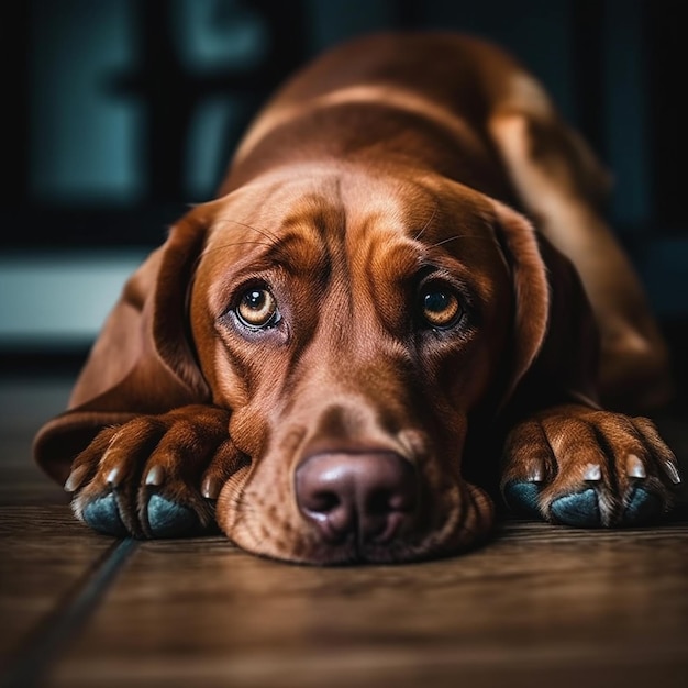 a brown dog laying on the floor with its eyes open.