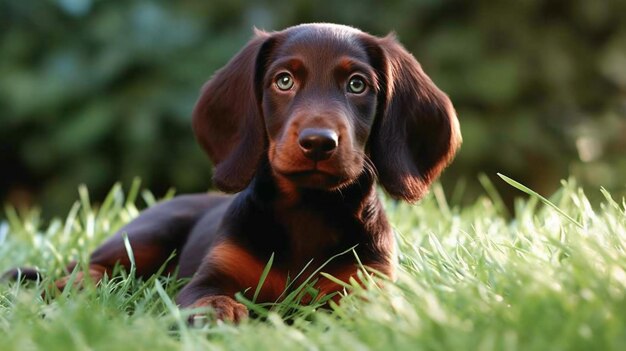 A brown dog laying in the grass