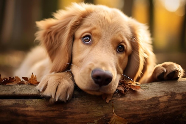 ログの上に横たわっている茶色い犬