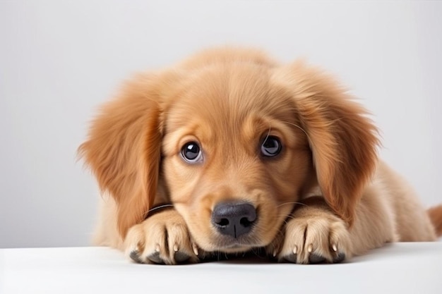 a brown dog laying on top of a white table