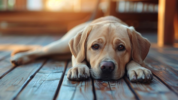 木製の床に横たわっている茶色い犬