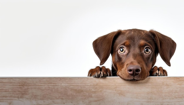 白い背景の上を見つめる茶色の犬