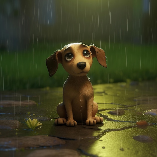 A brown dog sits in the rain