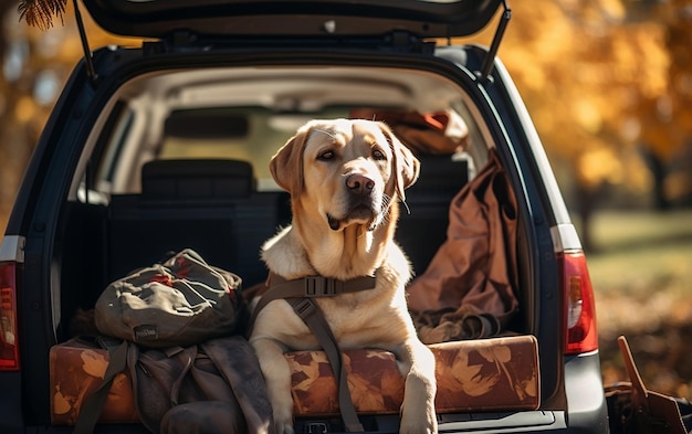 A brown dog sitting in the back of a truck AI