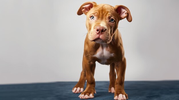 青いカーペットの上に立っている茶色い犬