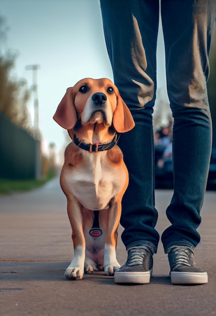 日没時に歩道で飼い主の足の間に立っている茶色の犬 AI 生成