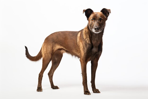 a brown dog standing on a white surface