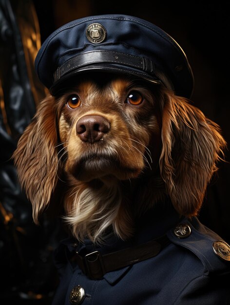 Foto un cane marrone che indossa un'uniforme blu e un cappello