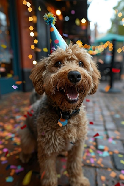 Photo a brown dog wearing a party hat and confetti