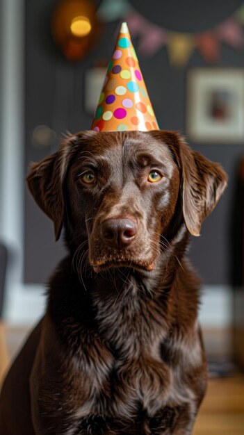 写真 茶色の犬がパーティー帽子をかぶっている