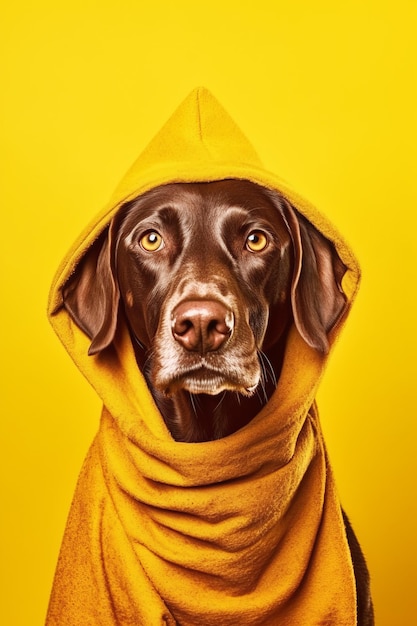 Brown dog wearing yellow towel over its head and looking at the camera Generative AI