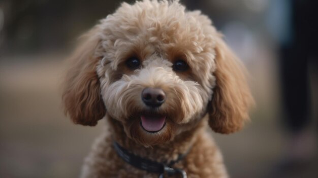 A brown dog with a black collar and a black collar is looking at the camera.