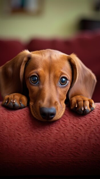 Photo a brown dog with a black nose is lying on a red cushion