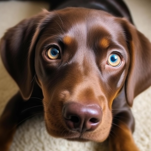 a brown dog with blue eyes is looking at the camera.