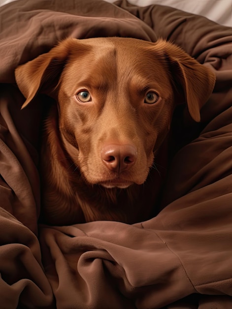 a brown dog with blue eyes lying on a blanket