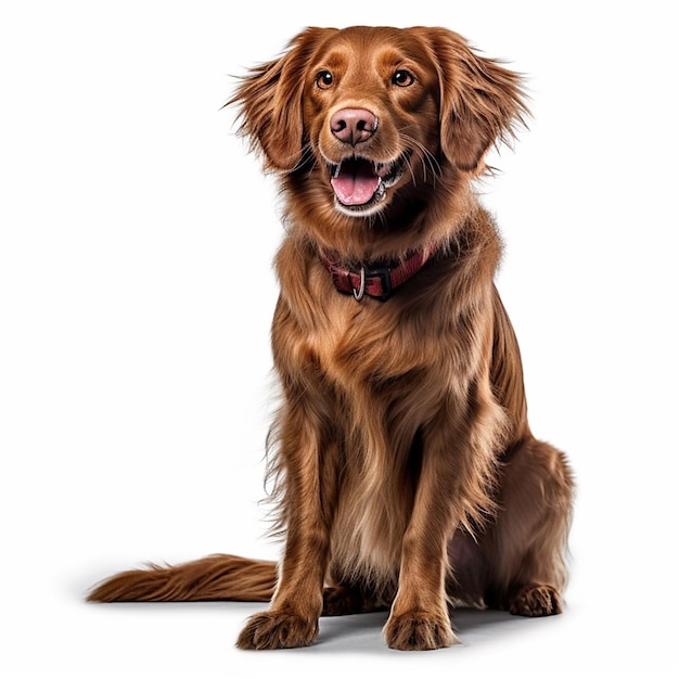 A brown dog with a red collar sits in front of a white background.