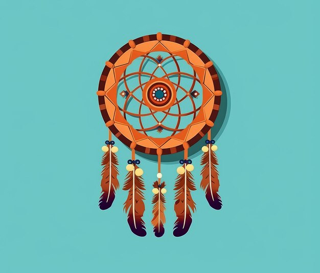 A brown dream catcher with feathers and a blue background.