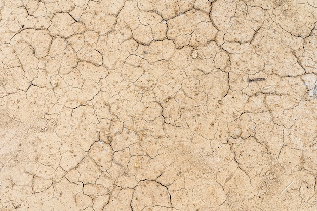 茶色の乾燥した土壌または砂漠のひびの入った地面のテクスチャの背景、土地と地球の温暖化。