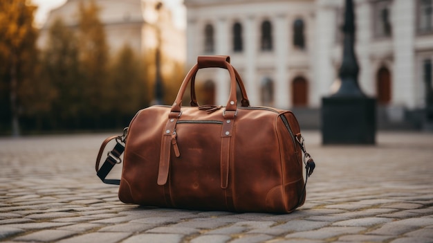 Brown Duffel Bag on Cobblestone Street