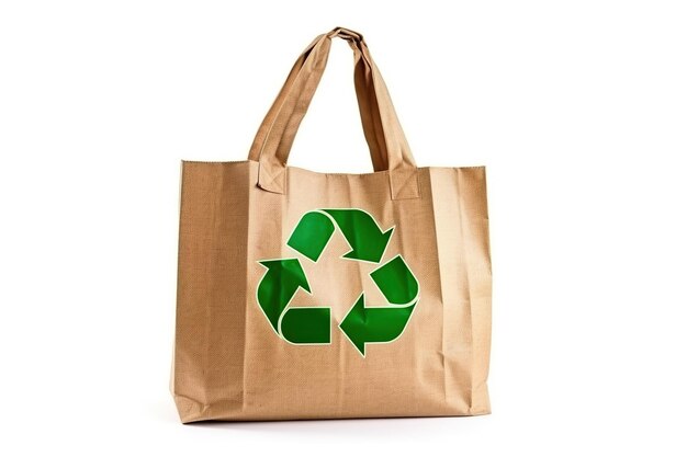 Brown eco bag with recycle symbol on white background