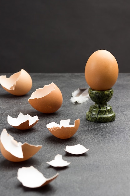 Brown egg on egg stand. Eggshell on table. Copy space