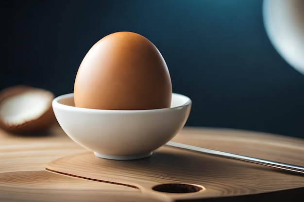 A brown egg sits in a bowl on a wooden table.