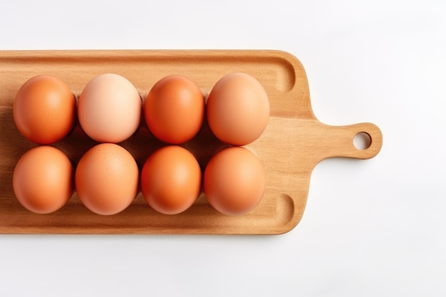 Brown egg on wooden board over a white background