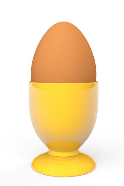 Brown egg in yellow eggcup on a white background