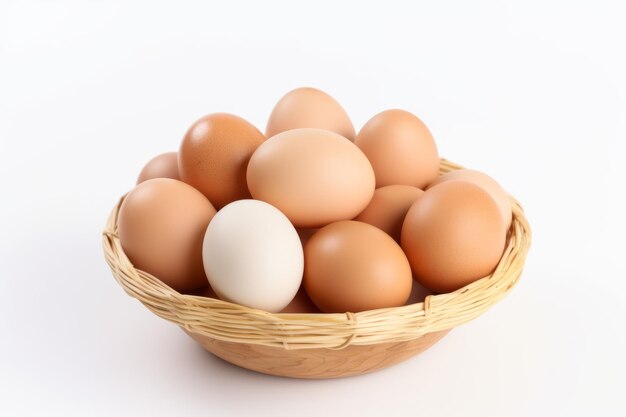 Brown eggs are sitting in a basket