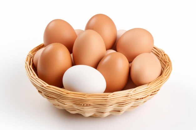 Brown eggs are sitting in a basket