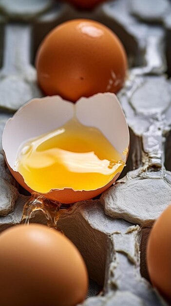 brown eggs in carton box broken egg with yolk in background