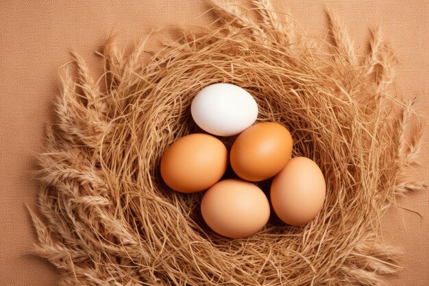 Brown eggs put on a pile of straw