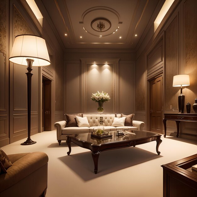 Brown family room design equipped with wall lamps and sofa