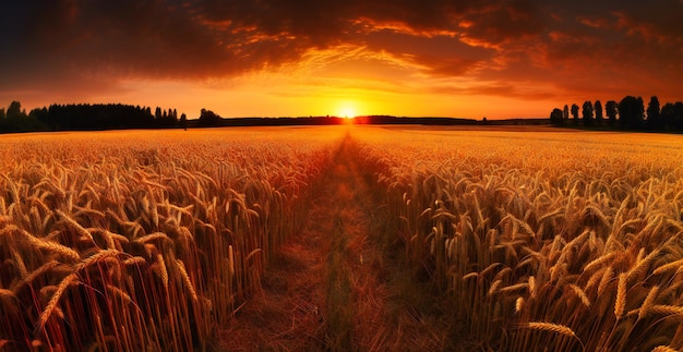 A brown field of wheat at sunset