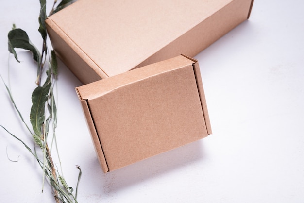 brown flat cardboard carton box decorated with dried leaves, top view