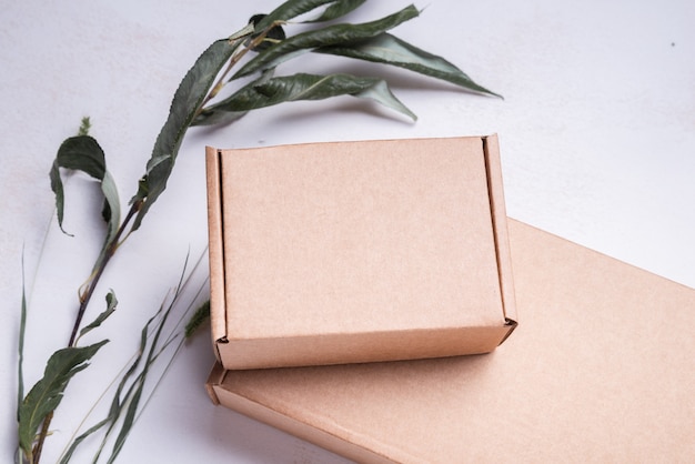 Photo brown flat cardboard carton box decorated with dried leaves, top view