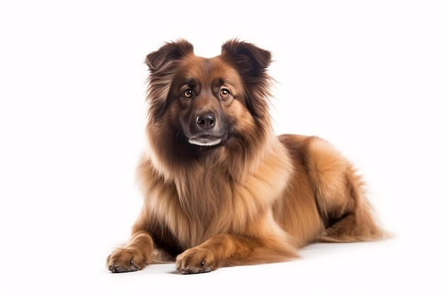 A brown fluffy canine is against a pristine white background