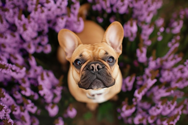 A brown french buldog is standing in a field of purple flowers