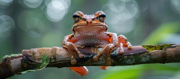 森 の 枝 に 座っ て いる 茶色 の カエル