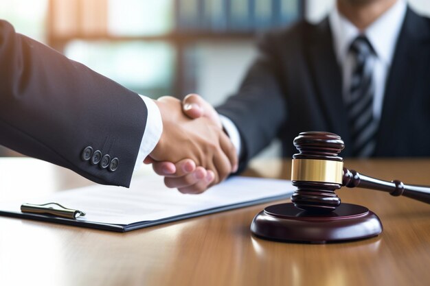 Brown gavel on wooden table and a lawyer in the background closeup view Law and justice concept