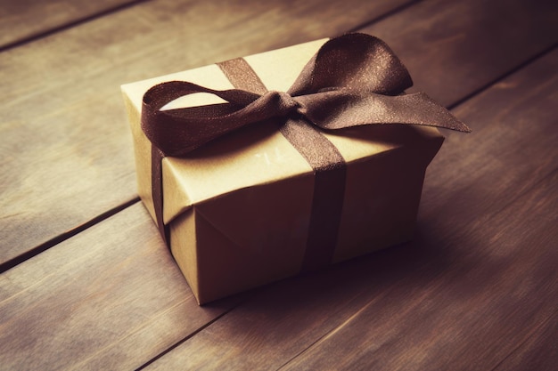 A brown gift box with a brown ribbon tied with a bow on a wooden table.