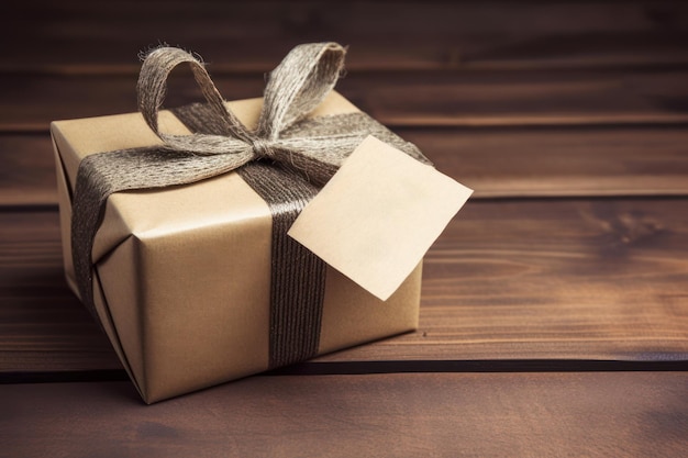 A brown gift box with a ribbon tied with a bow on a wooden table.