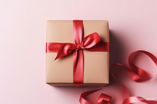 A brown gift with a red ribbon tied around it